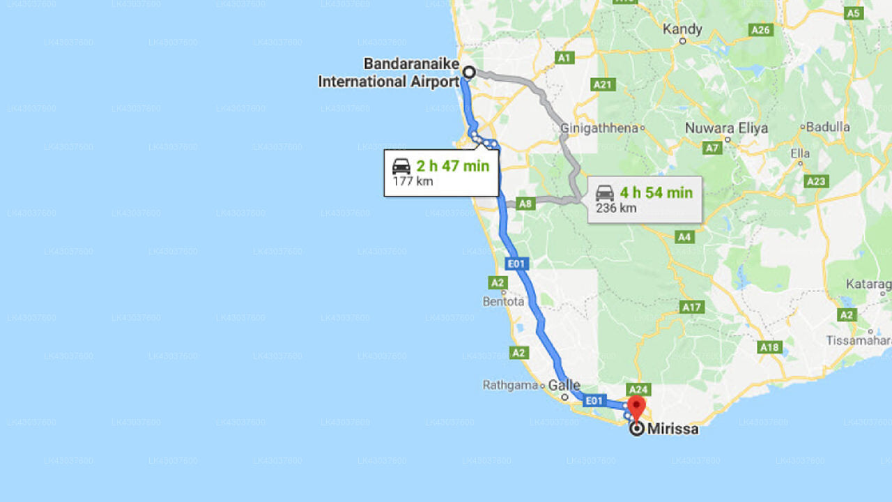 Transfer between Colombo Airport (CMB) and Mirissa Hills, Mirissa