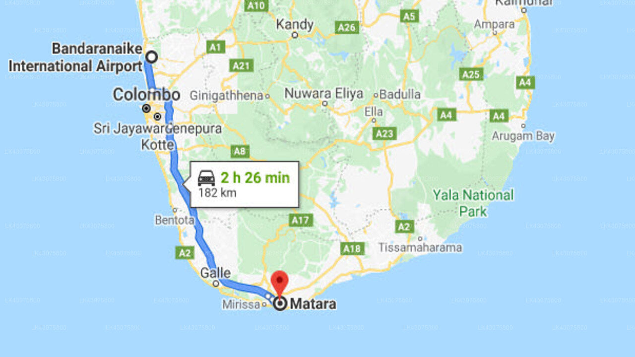 Transfer between Colombo Airport (CMB) and Polhena Reef Garden, Matara