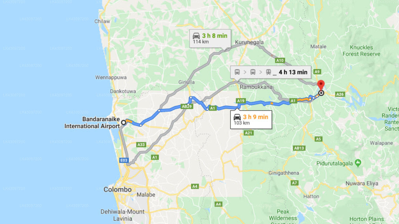 Transfer between Colombo Airport (CMB) and Haritha at Victoria Golf and Country Resort, Kandy