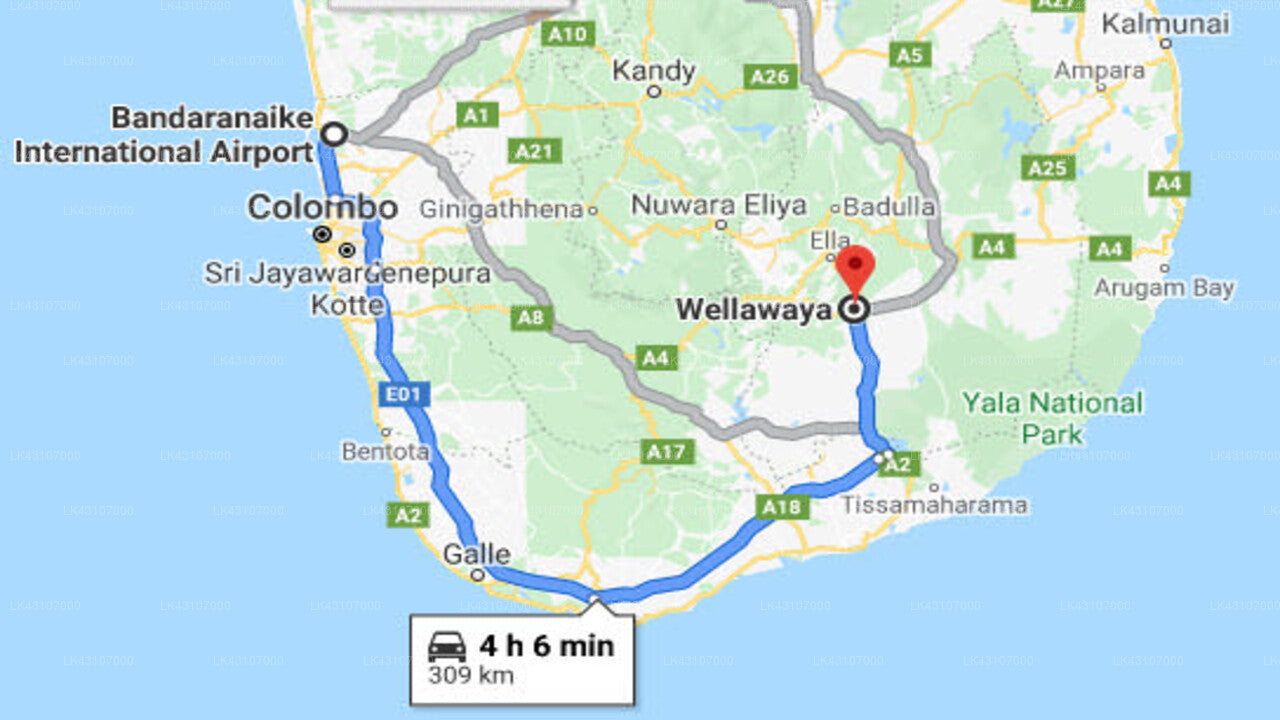 Transfer between Colombo Airport (CMB) and Saranga Holiday Inn, Wellawaya