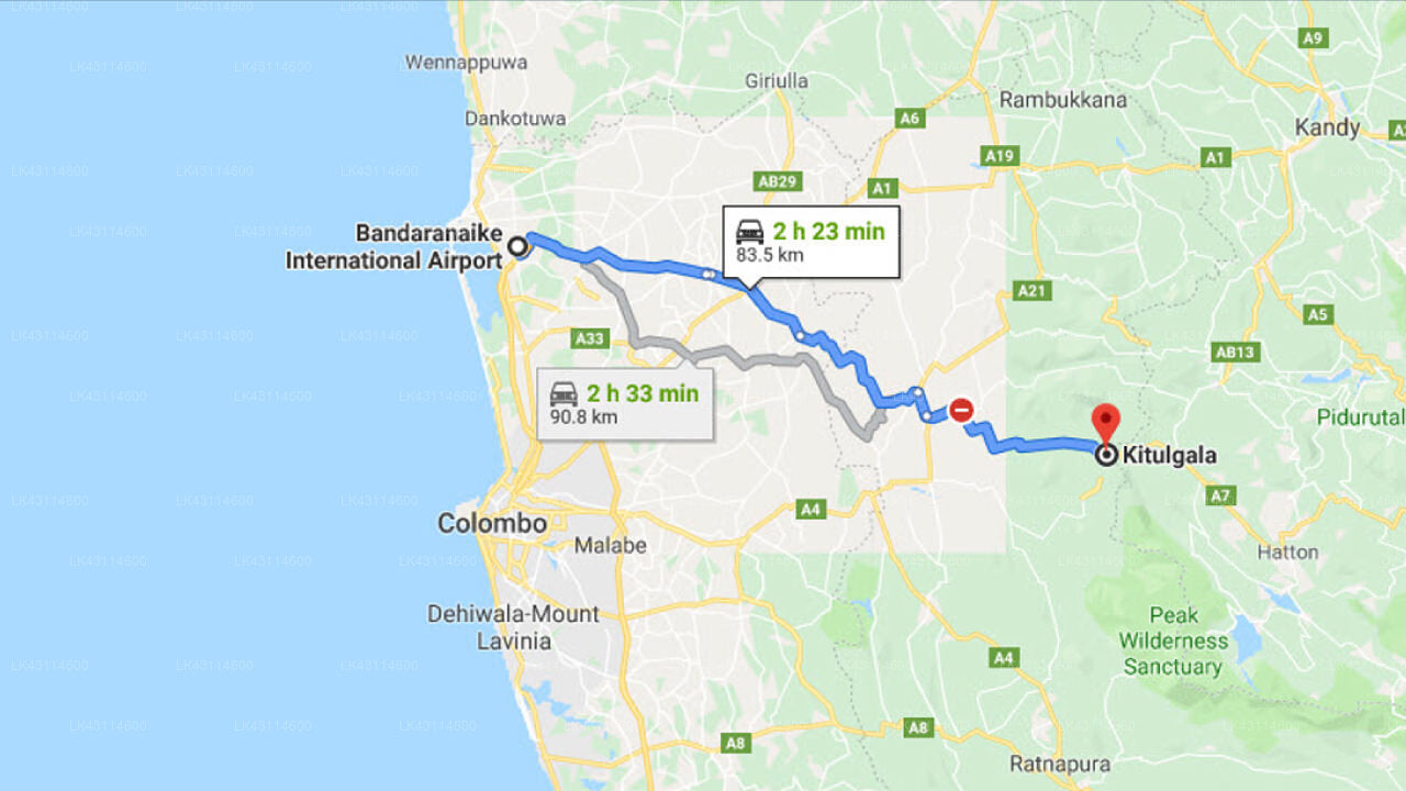 Transfer between Colombo Airport (CMB) and Rafters Retreat, Kitulgala