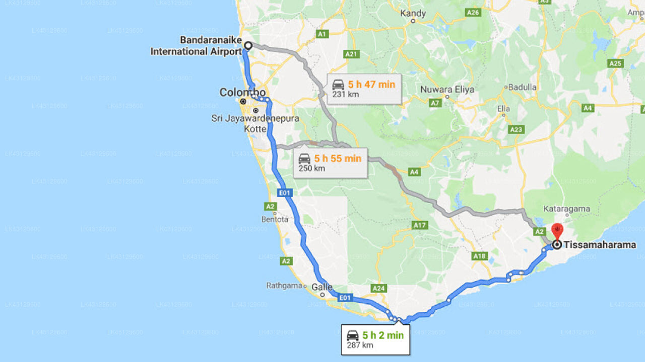 Transfer between Colombo Airport (CMB) and Cinnamon Palace, Tissamaharama