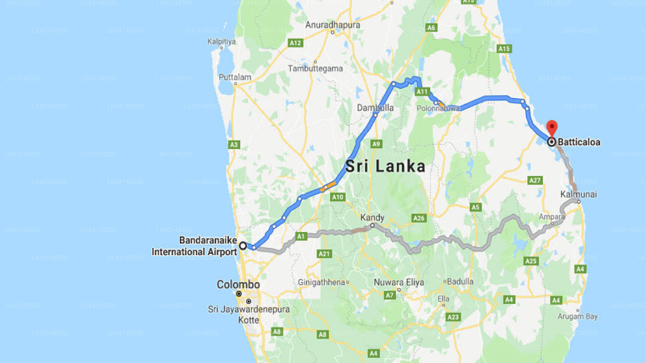 Transfer between Colombo Airport (CMB) and Hotel Subaraj Inn, Batticaloa