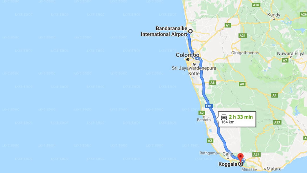Transfer between Colombo Airport (CMB) and Villa Kathaluwa, Koggala