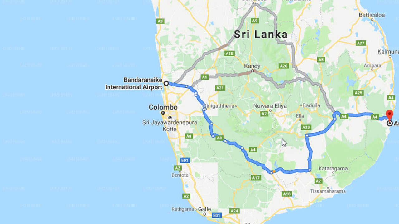 Transfer between Colombo Airport (CMB) and Moon Eyes Beach Hotel, Arugam Bay