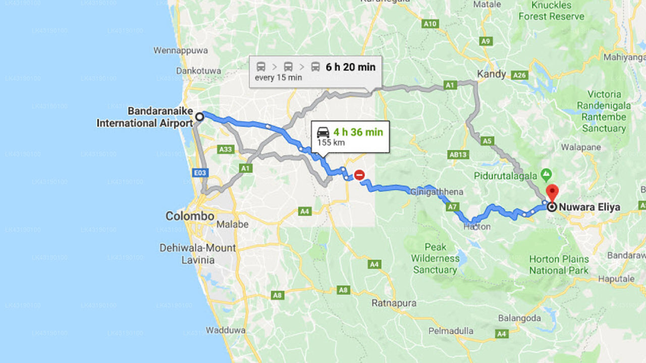 Transfer between Colombo (CMB) Airport and Royal Cocoon, Nuwara Eliya