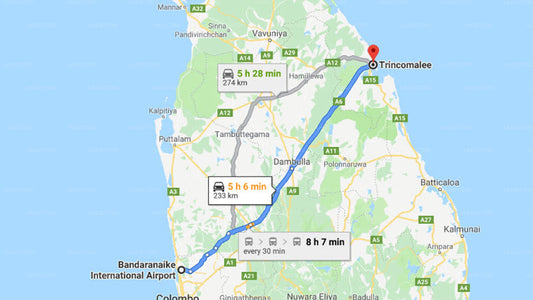 Transfer between Colombo Airport (CMB) and Hotel Blue Waves, Trincomalee