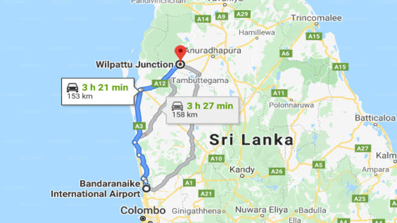 Transfer between Colombo Airport (CMB) and Aanawila By Wilderness, Wilpattu