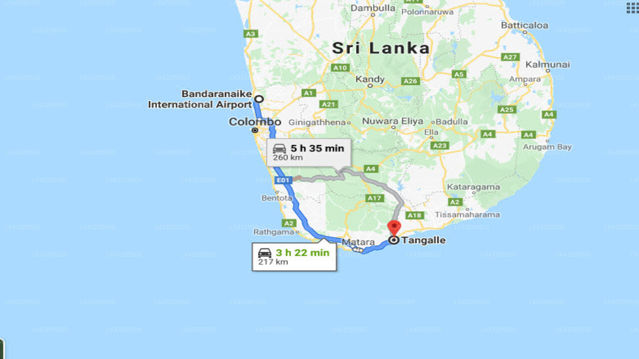 Transfer between Colombo Airport (CMB) and Queens Beach Hotel, Tangalle